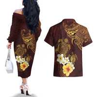 Polynesian Turtle Couples Matching Off The Shoulder Long Sleeve Dress and Hawaiian Shirt Plumeria Hibiscus Pattern Oxblood LT03 - Polynesian Pride