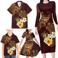 Polynesian Turtle Family Matching Long Sleeve Bodycon Dress and Hawaiian Shirt Plumeria Hibiscus Pattern Oxblood LT03 - Polynesian Pride