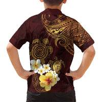 Polynesian Turtle Kid Hawaiian Shirt Plumeria Hibiscus Pattern Oxblood