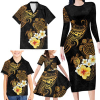 Polynesian Turtle Family Matching Long Sleeve Bodycon Dress and Hawaiian Shirt Plumeria Hibiscus Pattern Black Color LT03 - Polynesian Pride