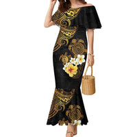 Polynesian Turtle Family Matching Mermaid Dress and Hawaiian Shirt Plumeria Hibiscus Pattern Black Color LT03 Mom's Dress Black - Polynesian Pride