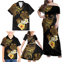 Polynesian Turtle Family Matching Off Shoulder Maxi Dress and Hawaiian Shirt Plumeria Hibiscus Pattern Black Color LT03 - Polynesian Pride