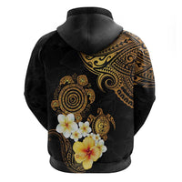 Polynesian Turtle Zip Hoodie Plumeria Hibiscus Pattern Black Color