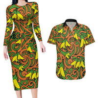 New Zealand Kowhai Flowers Couples Matching Long Sleeve Bodycon Dress and Hawaiian Shirt Maori Koru Pattern LT03 Orange - Polynesian Pride