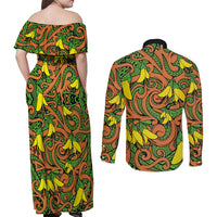 New Zealand Kowhai Flowers Couples Matching Off Shoulder Maxi Dress and Long Sleeve Button Shirt Maori Koru Pattern LT03 - Polynesian Pride