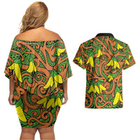 New Zealand Kowhai Flowers Couples Matching Off Shoulder Short Dress and Hawaiian Shirt Maori Koru Pattern LT03 - Polynesian Pride