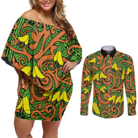 New Zealand Kowhai Flowers Couples Matching Off Shoulder Short Dress and Long Sleeve Button Shirt Maori Koru Pattern LT03 Orange - Polynesian Pride