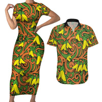 New Zealand Kowhai Flowers Couples Matching Short Sleeve Bodycon Dress and Hawaiian Shirt Maori Koru Pattern LT03 Orange - Polynesian Pride