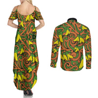 New Zealand Kowhai Flowers Couples Matching Summer Maxi Dress and Long Sleeve Button Shirt Maori Koru Pattern LT03 - Polynesian Pride