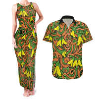 New Zealand Kowhai Flowers Couples Matching Tank Maxi Dress and Hawaiian Shirt Maori Koru Pattern LT03 Orange - Polynesian Pride