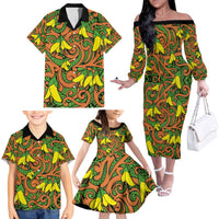 New Zealand Kowhai Flowers Family Matching Off The Shoulder Long Sleeve Dress and Hawaiian Shirt Maori Koru Pattern LT03 - Polynesian Pride