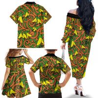 New Zealand Kowhai Flowers Family Matching Off The Shoulder Long Sleeve Dress and Hawaiian Shirt Maori Koru Pattern LT03 - Polynesian Pride