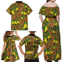 New Zealand Kowhai Flowers Family Matching Off Shoulder Maxi Dress and Hawaiian Shirt Maori Koru Pattern LT03 - Polynesian Pride