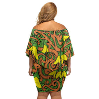 New Zealand Kowhai Flowers Family Matching Off Shoulder Short Dress and Hawaiian Shirt Maori Koru Pattern LT03 - Polynesian Pride