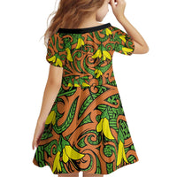 New Zealand Kowhai Flowers Kid Short Sleeve Dress Maori Koru Pattern LT03 - Polynesian Pride