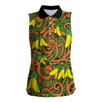 New Zealand Kowhai Flowers Women Sleeveless Polo Shirt Maori Koru Pattern LT03 Female Orange - Polynesian Pride