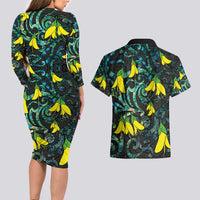 New Zealand Kowhai Flowers Couples Matching Long Sleeve Bodycon Dress and Hawaiian Shirt Maori Koru Pattern With Paua Shell Style LT03 - Polynesian Pride