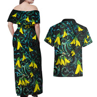 New Zealand Kowhai Flowers Couples Matching Off Shoulder Maxi Dress and Hawaiian Shirt Maori Koru Pattern With Paua Shell Style LT03 - Polynesian Pride
