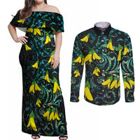 New Zealand Kowhai Flowers Couples Matching Off Shoulder Maxi Dress and Long Sleeve Button Shirt Maori Koru Pattern With Paua Shell Style LT03 Black - Polynesian Pride