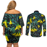 New Zealand Kowhai Flowers Couples Matching Off Shoulder Short Dress and Long Sleeve Button Shirt Maori Koru Pattern With Paua Shell Style LT03 - Polynesian Pride