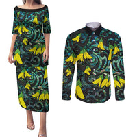 New Zealand Kowhai Flowers Couples Matching Puletasi and Long Sleeve Button Shirt Maori Koru Pattern With Paua Shell Style LT03 Black - Polynesian Pride