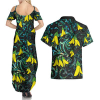 New Zealand Kowhai Flowers Couples Matching Summer Maxi Dress and Hawaiian Shirt Maori Koru Pattern With Paua Shell Style LT03 - Polynesian Pride