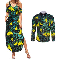 New Zealand Kowhai Flowers Couples Matching Summer Maxi Dress and Long Sleeve Button Shirt Maori Koru Pattern With Paua Shell Style LT03 Black - Polynesian Pride