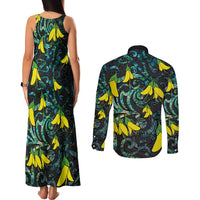 New Zealand Kowhai Flowers Couples Matching Tank Maxi Dress and Long Sleeve Button Shirt Maori Koru Pattern With Paua Shell Style LT03 - Polynesian Pride