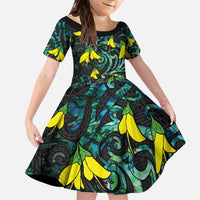 New Zealand Kowhai Flowers Family Matching Long Sleeve Bodycon Dress and Hawaiian Shirt Maori Koru Pattern With Paua Shell Style LT03 Daughter's Dress Black - Polynesian Pride