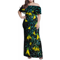 New Zealand Kowhai Flowers Family Matching Off Shoulder Maxi Dress and Hawaiian Shirt Maori Koru Pattern With Paua Shell Style LT03 Mom's Dress Black - Polynesian Pride