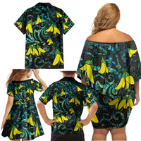New Zealand Kowhai Flowers Family Matching Off Shoulder Short Dress and Hawaiian Shirt Maori Koru Pattern With Paua Shell Style LT03 - Polynesian Pride