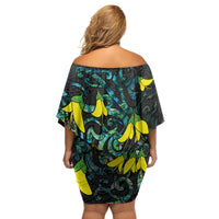 New Zealand Kowhai Flowers Family Matching Off Shoulder Short Dress and Hawaiian Shirt Maori Koru Pattern With Paua Shell Style LT03 - Polynesian Pride