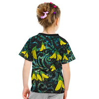 New Zealand Kowhai Flowers Kid T Shirt Maori Koru Pattern With Paua Shell Style LT03 - Polynesian Pride