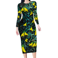 New Zealand Kowhai Flowers Long Sleeve Bodycon Dress Maori Koru Pattern With Paua Shell Style LT03 Long Dress Black - Polynesian Pride