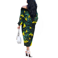 New Zealand Kowhai Flowers Off The Shoulder Long Sleeve Dress Maori Koru Pattern With Paua Shell Style LT03 - Polynesian Pride