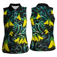 New Zealand Kowhai Flowers Women Sleeveless Polo Shirt Maori Koru Pattern With Paua Shell Style LT03 - Polynesian Pride