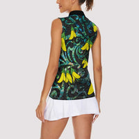 New Zealand Kowhai Flowers Women Sleeveless Polo Shirt Maori Koru Pattern With Paua Shell Style LT03 - Polynesian Pride