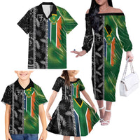 Custom Aotearoa South Africa Rugby Freedom Cup Family Matching Off The Shoulder Long Sleeve Dress and Hawaiian Shirt Maori Silver Fern Art and Sporty Flag SA LT03 - Polynesian Pride