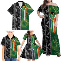 Custom Aotearoa South Africa Rugby Freedom Cup Family Matching Off Shoulder Maxi Dress and Hawaiian Shirt Maori Silver Fern Art and Sporty Flag SA LT03 - Polynesian Pride