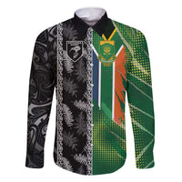 Custom Aotearoa South Africa Rugby Freedom Cup Family Matching Off Shoulder Maxi Dress and Hawaiian Shirt Maori Silver Fern Art and Sporty Flag SA LT03 Dad's Shirt - Long Sleeve Black - Polynesian Pride