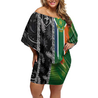 Custom Aotearoa South Africa Rugby Freedom Cup Family Matching Off Shoulder Short Dress and Hawaiian Shirt Maori Silver Fern Art and Sporty Flag SA LT03 Mom's Dress Black - Polynesian Pride