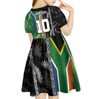 Custom Aotearoa South Africa Rugby Freedom Cup Kid Short Sleeve Dress Maori Silver Fern Art and Sporty Flag SA - Polynesian Pride