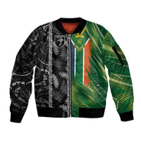 Custom Aotearoa South Africa Rugby Freedom Cup Sleeve Zip Bomber Jacket Maori Silver Fern Art and Sporty Flag SA - Polynesian Pride