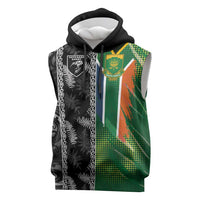 Custom Aotearoa South Africa Rugby Freedom Cup Sleeveless Hoodie Maori Silver Fern Art and Sporty Flag SA LT03 Black - Polynesian Pride