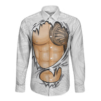 Samoan Tatau Long Sleeve Button Shirt Tattoo Reveal Effect LT03 Unisex White - Polynesian Pride