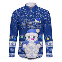 Palau Christmas Family Matching Short Sleeve Bodycon Dress and Hawaiian Shirt Snowman Hugs Palau Coat of Arms Maori Pattern Blue Style LT03 Dad's Shirt - Long Sleeve Blue - Polynesian Pride