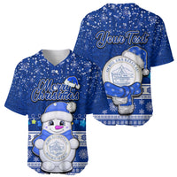 Personalised Palau Christmas Baseball Jersey Snowman Hugs Palau Coat of Arms Maori Pattern Blue Style LT03 - Polynesian Pride