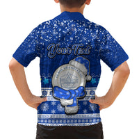 Personalised Palau Christmas Kid Hawaiian Shirt Snowman Hugs Palau Coat of Arms Maori Pattern Blue Style LT03 - Polynesian Pride