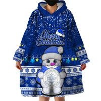 Personalised Palau Christmas Wearable Blanket Hoodie Snowman Hugs Palau Coat of Arms Maori Pattern Blue Style LT03 - Polynesian Pride