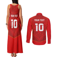 Custom Mate Ma'a Tonga Rugby Couples Matching Tank Maxi Dress and Long Sleeve Button Shirt Ngatu Tribal Motifs Sporty Style - Polynesian Pride